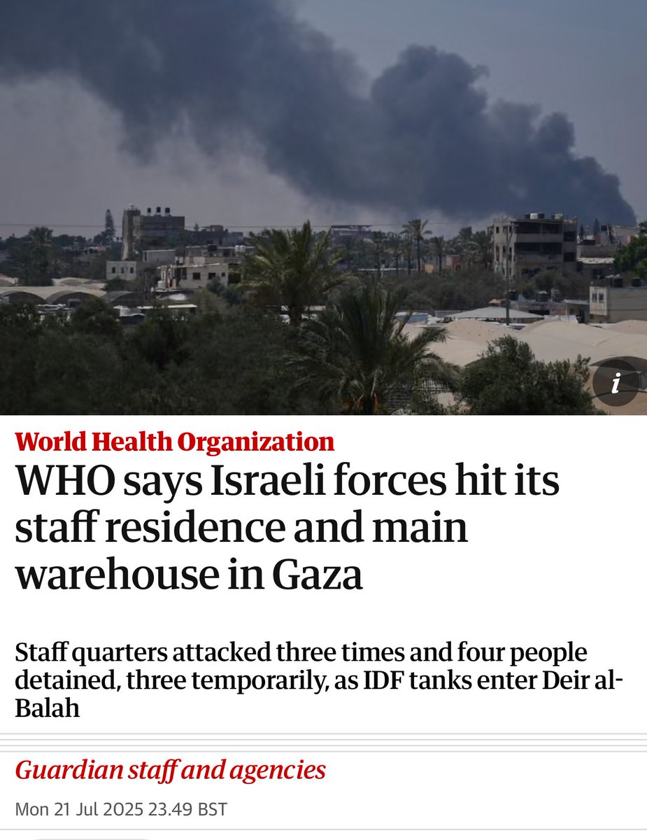 dimitrilascaris's tweet image. The diabolical Israeli regime has attacked the World Health Organization’s staff residence and main warehouse in Deir al-Balah, compromising the WHO’s operations in Gaza.
The staff residence was attacked three times, with airstrikes causing a fire and extensive damage, and…