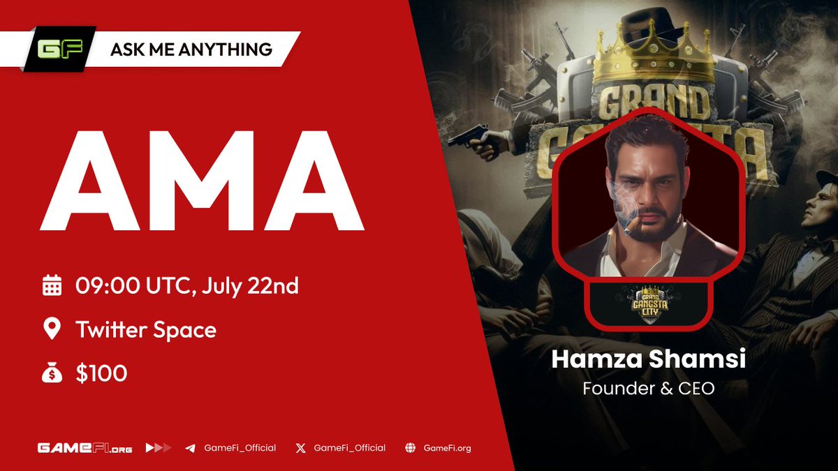 GameFi_Official's tweet image. AMA with Grand Gangsta City: A cutting-edge Web3 open-world action game
🏆 Reward: $100
⏱ 09:00 UTC, July 22nd
📍 Set reminder here:
Host: Go - GameFi.org
Guest: Hamza Shamsi - Founder & CEO
Rules:
1. Follow @GameFi_Official &…