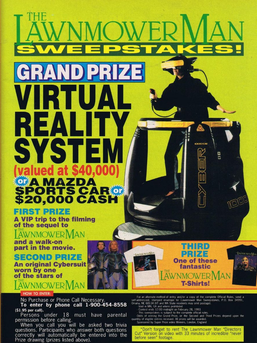 PulpLibrarian's tweet image. VR comes to 1993: The Lawnmower Man competition prize from Starlog issue 188.