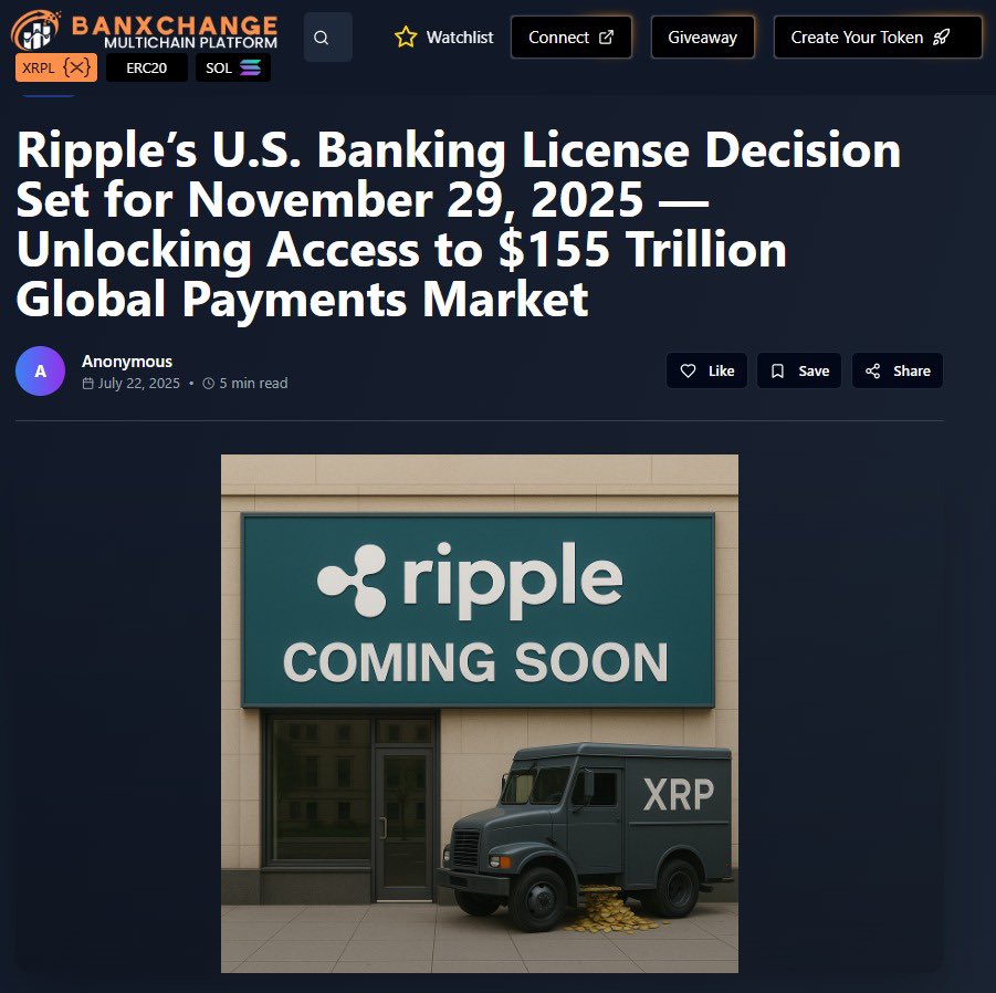FinanceBroYT's tweet image. ‼️BREAKING: Ripple’s U.S. Banking License Decision Set for November 29, 2025 — Unlocking Access to $155 Trillion Global Payments Market‼️
Article source: banxchange.com/news-detail/ri…