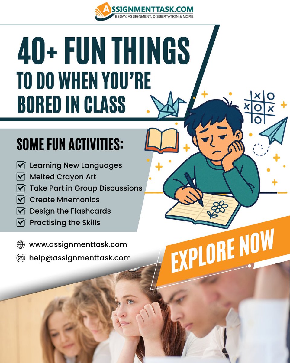 AssignmentTask's tweet image. Stuck in class and counting ceiling tiles?
Try one of these 40+ boredom busters that are fun, harmless, and (somewhat) productive!
👉 tinyurl.com/bdcwxznn
#boredinclass #studenthacks #schoollife #funinclass #collegetips #studybreak #campuslife #studenthumor #assignmenttask