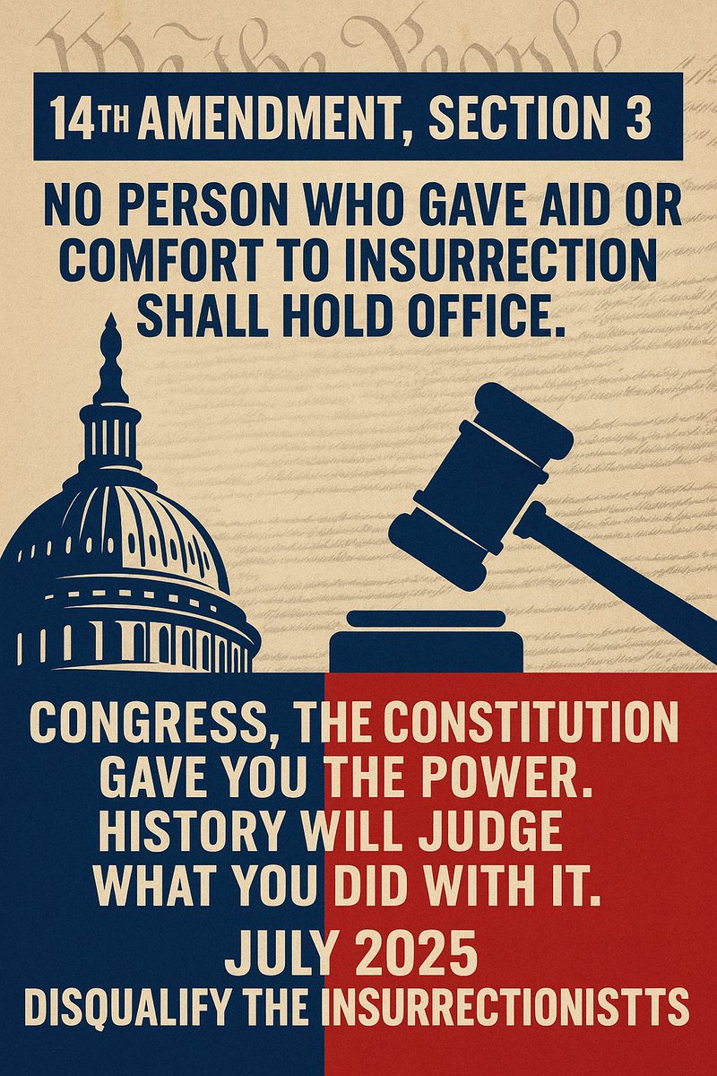 ronnienevarez's tweet image. ⸻
You took an oath to defend the Constitution — not ignore it.
Trump incited an insurrection. He praised it. He promised and gave pardons.
Section 3 of the 14th Amendment is clear.
Disqualify him. Now.
#CongressDoYourJob #14thAmendment #DisqualifyTheInsurrectionist…