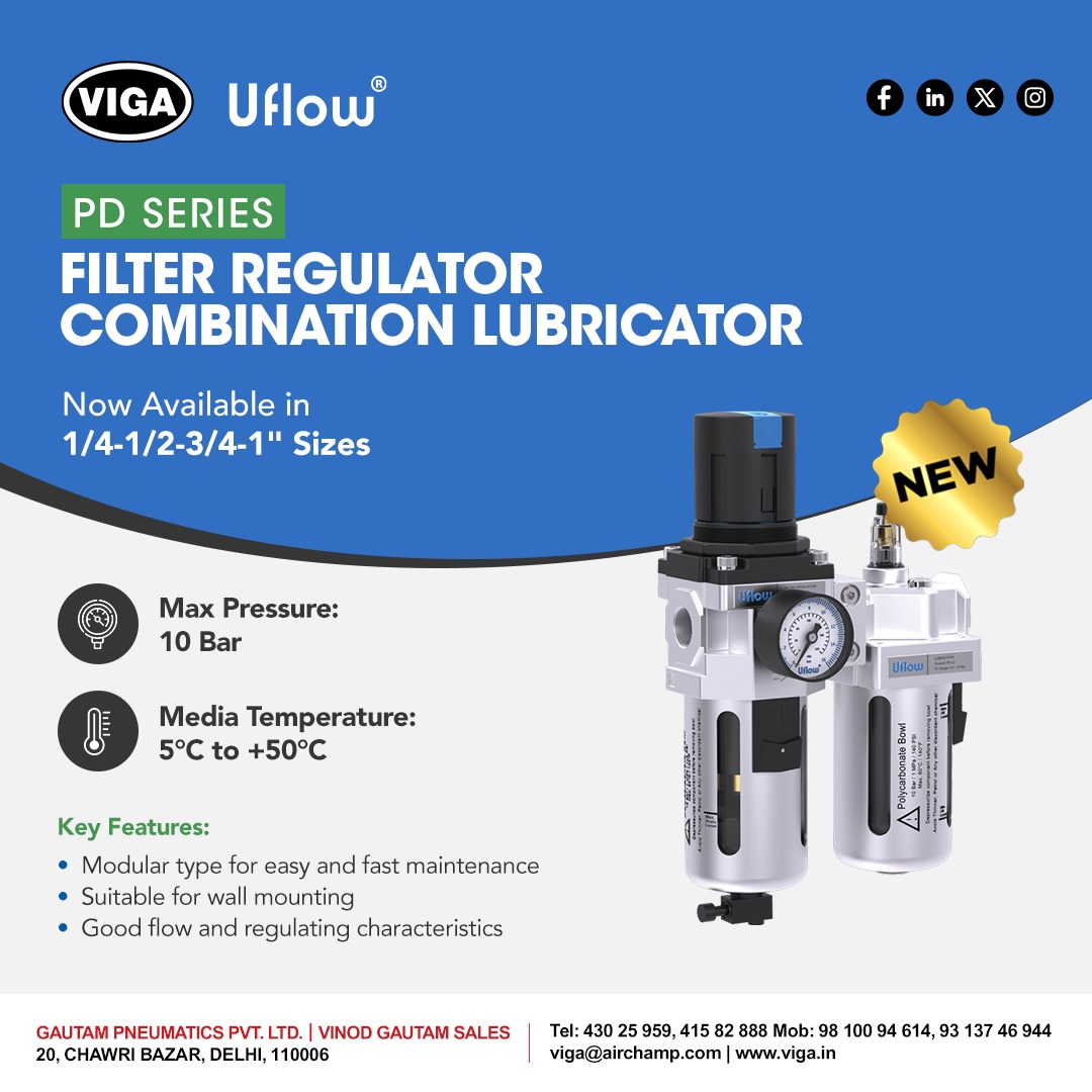 vigadotin's tweet image. 🛠️ Boost uptime. Cut maintenance.
Meet the #PDSeries #FilterRegulator #Lubricator – built for precision and power.
🔹 Max 10 Bar Pressure
🔹 5°C to 50°C Temp Range
🔹 Modular. Compact. Reliable.
Available in 1/4&quot;, 1/2&quot;, 3/4&quot;, 1&quot; sizes.
#AirPreparation #PneumaticSolutions #Viga