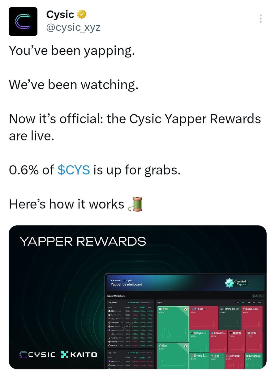 1_kami1's tweet image. The first full-stack compute network @cysic_xyz is rewarding its community!
🟣 0.6% of the $CYS supply is going to Cysic Yappers!
Here’s how it breaks down:
👉 💥 60% split among all yappers
👉 🌏 10% reserved for the Chinese & Korean communities
👉🚀 30% goes to the top 500…