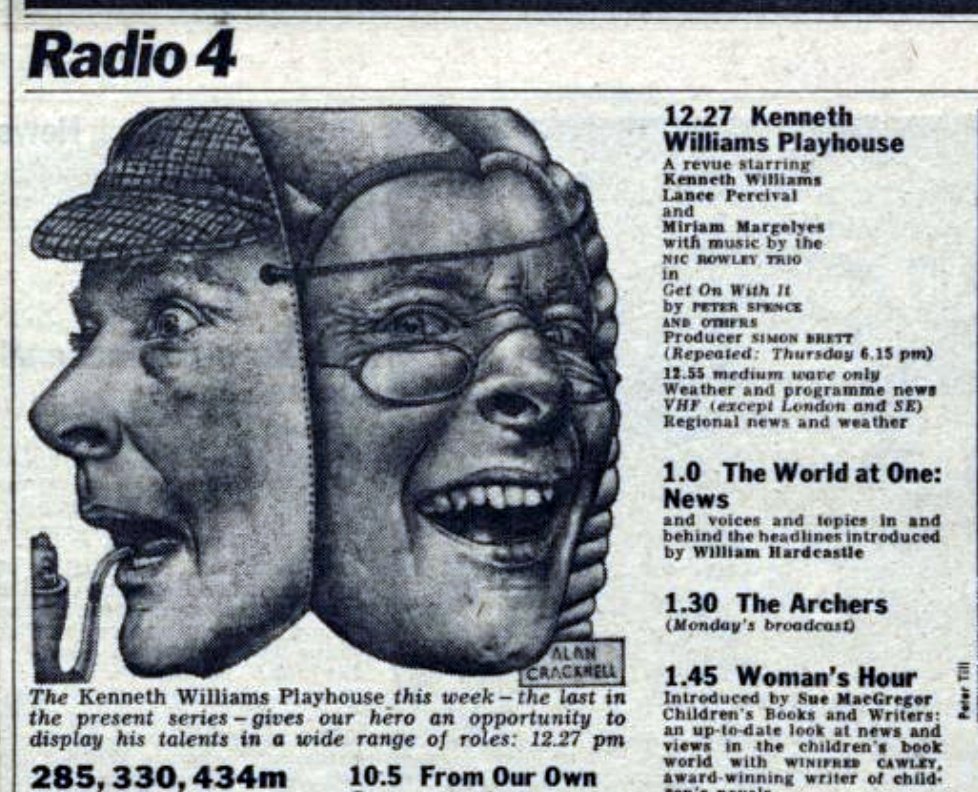 BraxM's tweet image. There was a Kenneth Williams Playhouse #OTD 50 years ago, featuring Miriam Margolyes and Lance Percival. Illustration for @RadioTimes by Alan Cracknell.