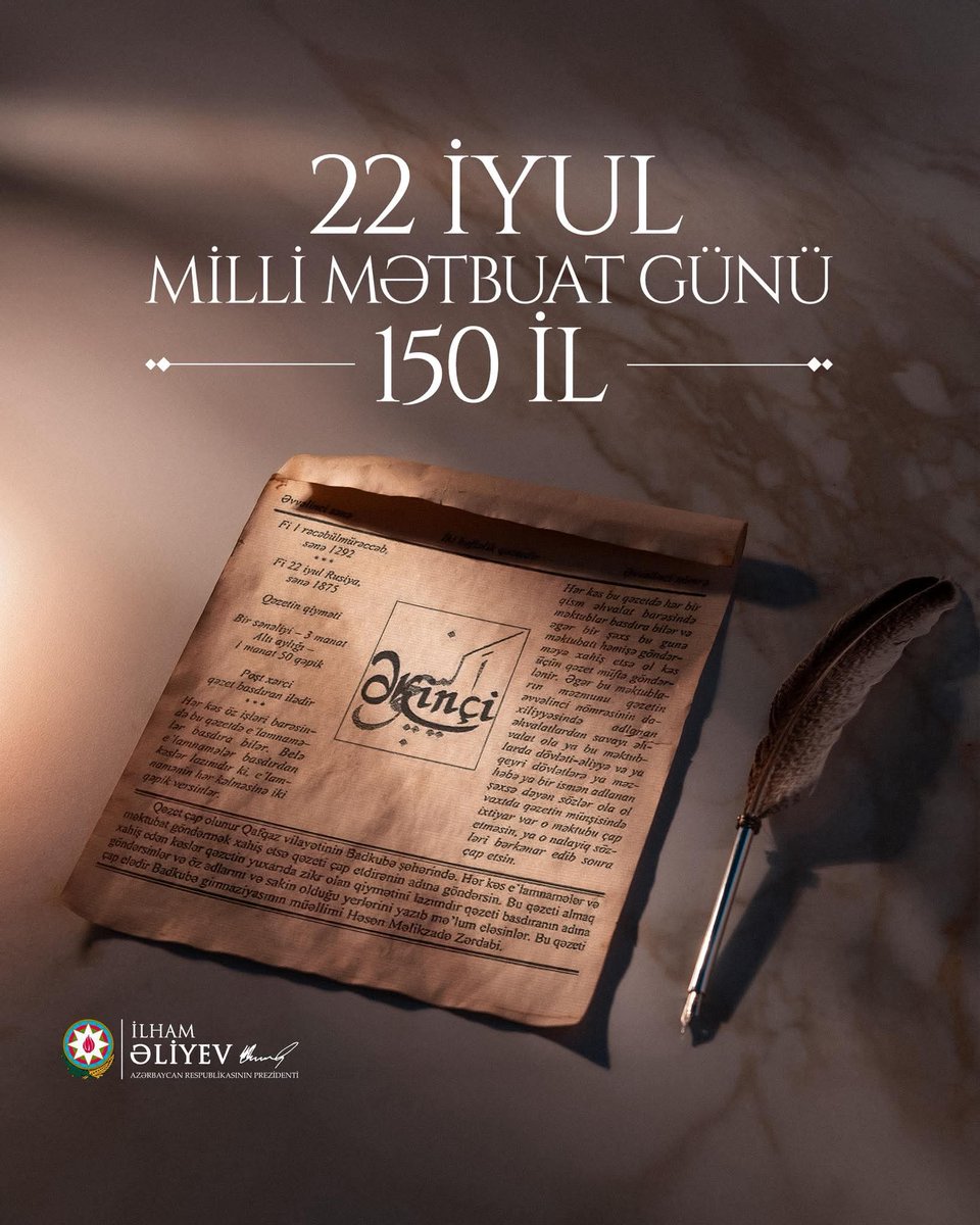 On the occasion of the 150th anniversary of our National Press, I sincerely congratulate all media representatives, our friends who were awarded high titles by Mr. President, and wish them new successes!

Happy holiday!!!

#NationalPressDay #Əkinçi #MediaDay #MilliMətbuatGünü