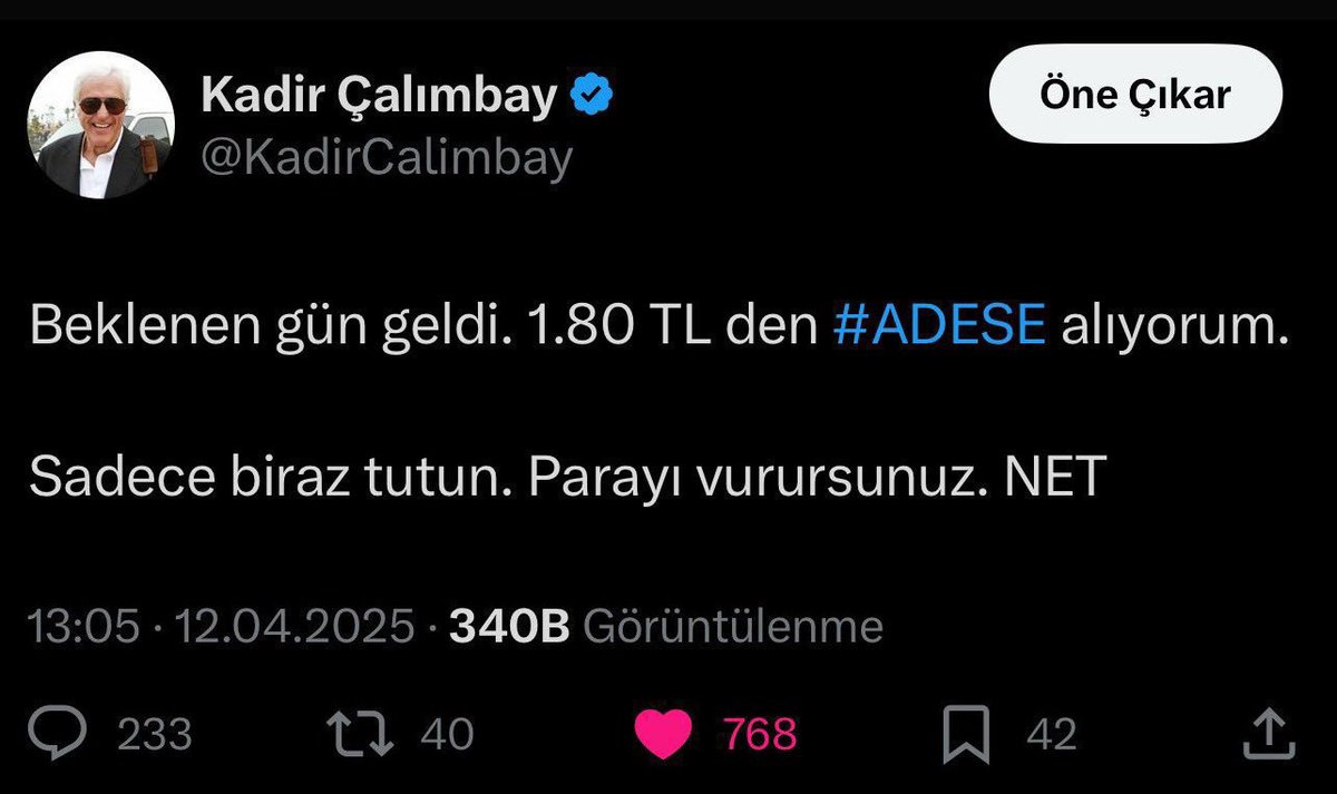 #Adese 1.80 TL de alın dedim 13.20 TL OLDU. 

Ben bu hisseden milyonlar kazandım

Bu ayarda yeni hisse var. 1 ayda 6-7 kat gidecek. İsteyenler kendini hızlı belli etsin

Beni para kazanmak isteyenler değil, zengin olmak isteyenler takip etsin