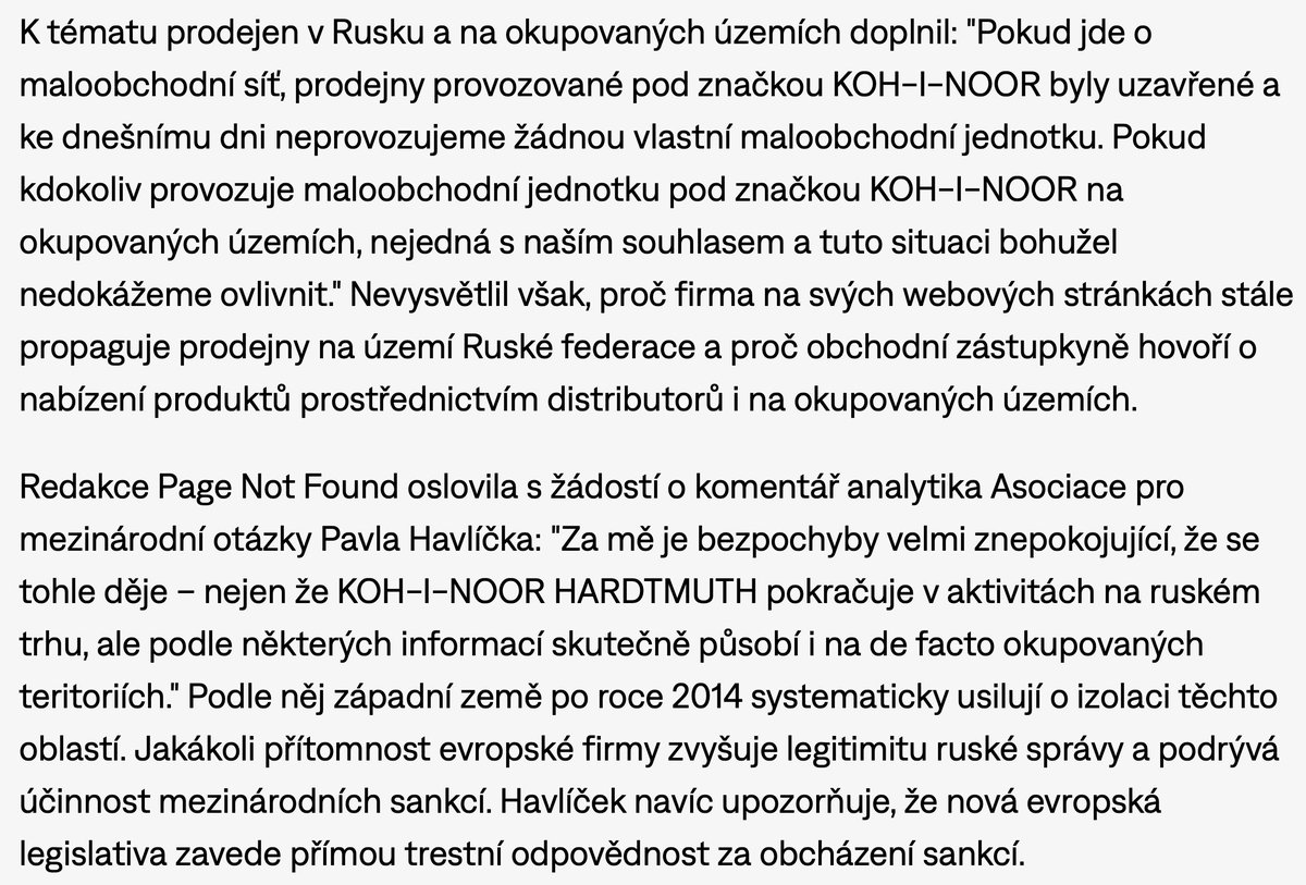 Pavel_Havlicek_'s tweet image. Pro @RayBaseley a Page not Found jsem se vyjádřil k podnikání české firmy KOH-I-NOOR HARDTMUTH rodiny Břízů na ruském trhu.
Označil jsem ho za značně problematické a jdoucí proti logice západních sankcí. Zejména, pokud se jedná o okupovaná území 🇺🇦 👇
pagenotfound.cz/clanek/briza-p…
