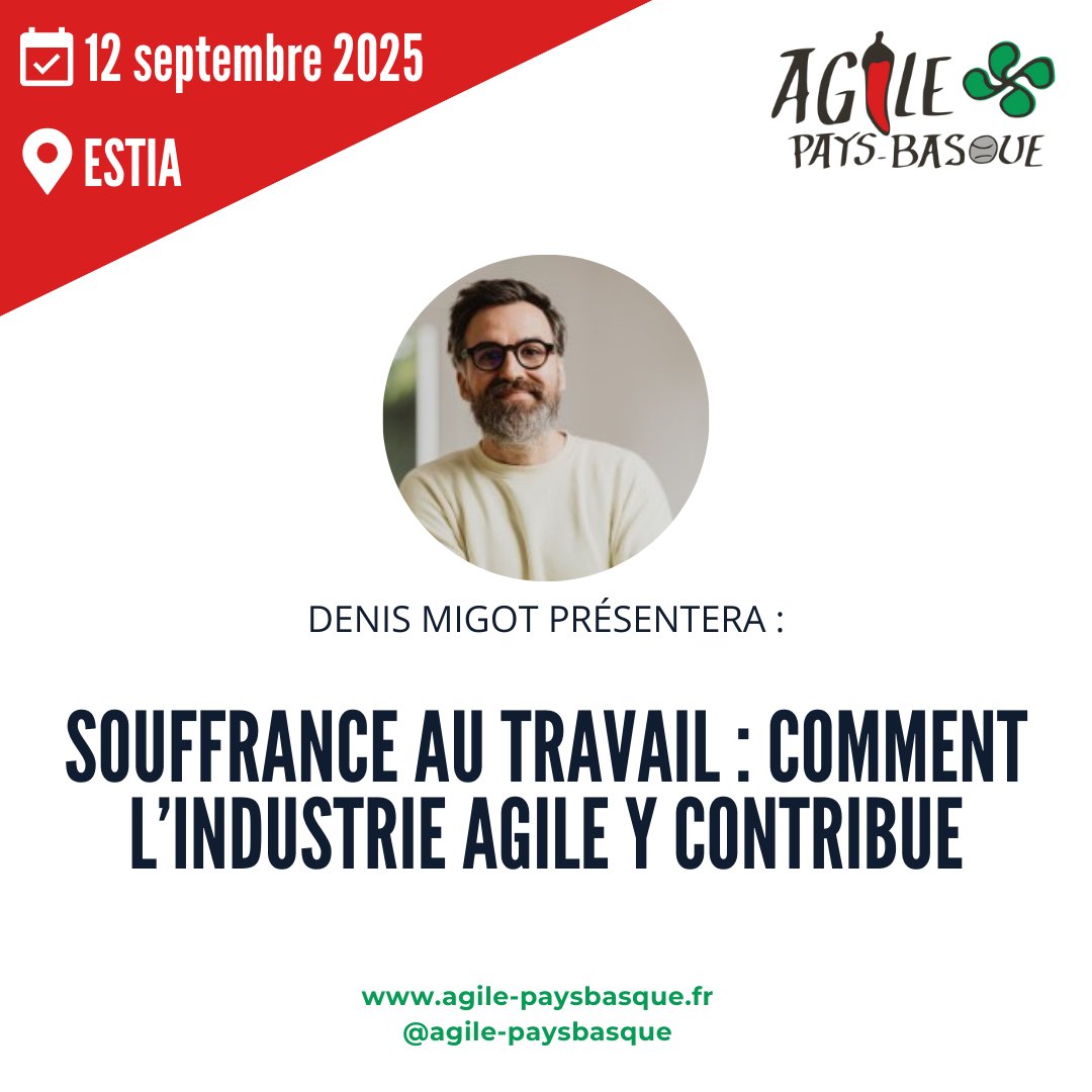 agilepb's tweet image. 🎤 Denis Migot sera sur scène à Agile Pays Basque 2025 !
🗣️ Talk : "Souffrance au travail : comment l’industrie agile y contribue"
👉 La billetterie : helloasso.com/associations/a…
👉 Le programme : agile-paysbasque.fr/programme/