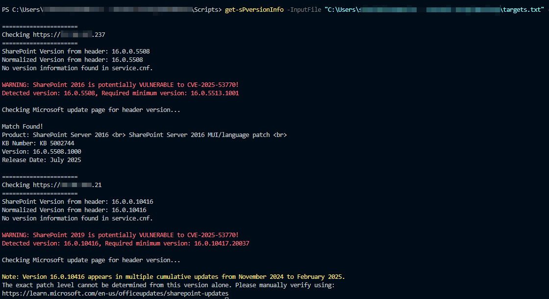 theluemmel's tweet image. Added ToolChain check.
Reliably works for 2016, partly works for 2019 and Subscription as sometimes only Revision numbers change.
Anyways, it is still a first indicator if you see a patch status of January 2025.
Added batch support and range support.
github.com/LuemmelSec/Pen…