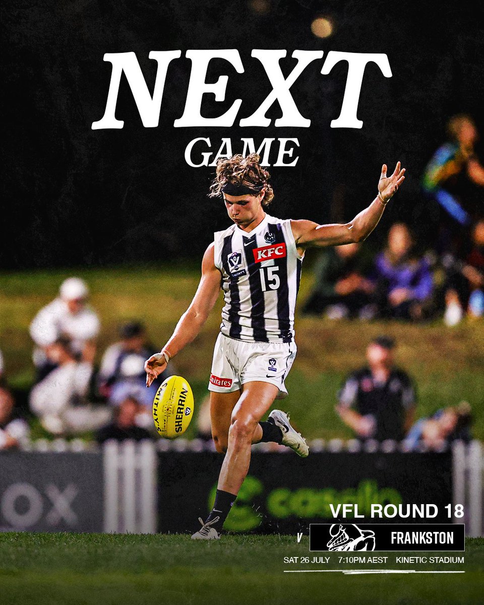 CollingwoodVFL's tweet image. We're set for another Saturday night clash under lights, this time travelling to Kinetic Stadium to face a strong Frankston outfit 🍿
Head to our Magpie Army Hub for more information: magpi.es/MagpieArmyHub25