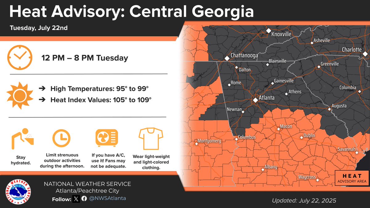 NWSAtlanta's tweet image. Hot and humid conditions return across much of north and central GA again today, with heat index values in the triple digits.
Another round of strong to severe thunderstorms will develop during the afternoon to evening hours, with damaging wind gusts as the primary threat. #gawx