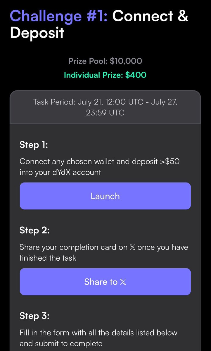 Toobbss's tweet image. Get $400 just for doing a little task on @dYdX 🤔
Simply deposit > $50 and do few task
• Complete weekly tasks
• Post task card with #dYdXWeeklyChallenge
• Enter dYdX chain address in form
$50 deposit qualifies you for a piece of $10k weekly pool
Yes it's that easy!