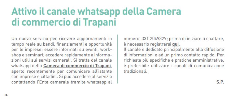 Attivo il canale whatsapp della Camera di commercio di Trapani. Leggi la notizia a pag. 14 dell'ultimo numero di #UnioncamereEconomiaImprese, il #magazine delle #cameredicommercio unioncamere.gov.it/sites/default/…