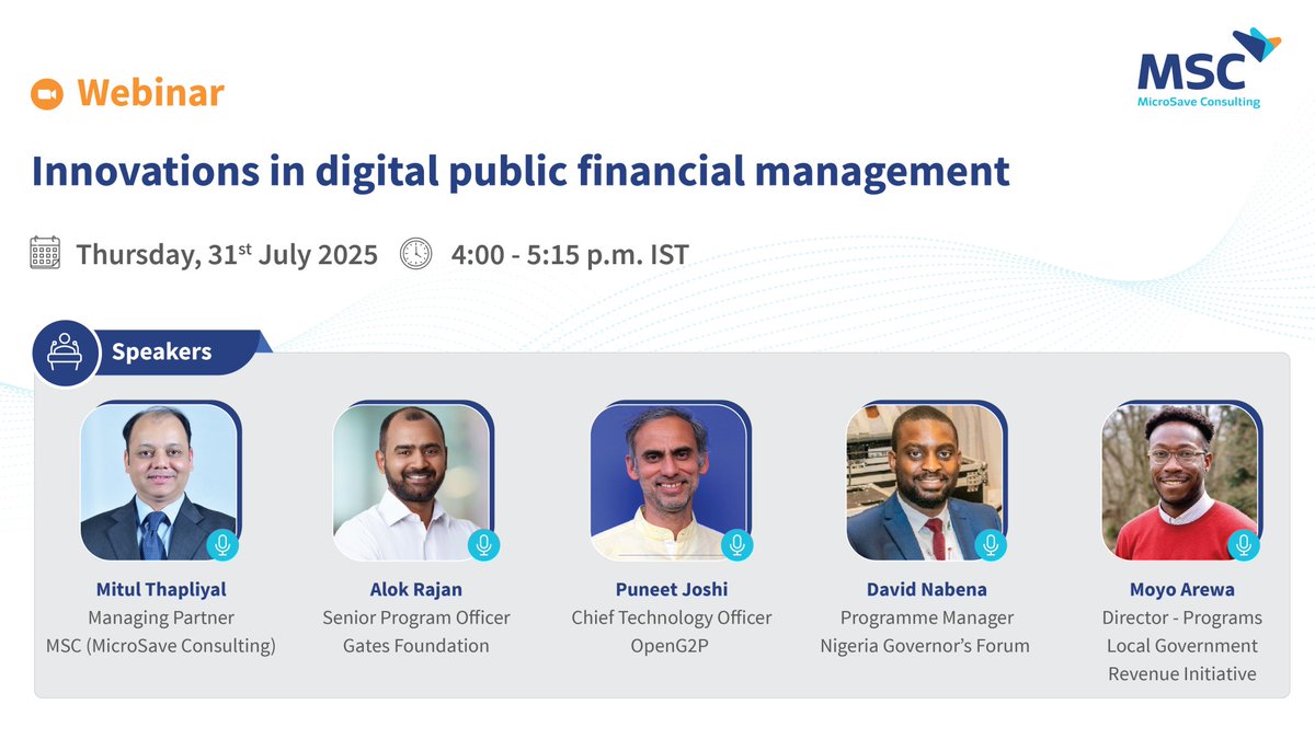 MicroSave's tweet image. Join our upcoming webinar on 31st July to learn how digital public infrastructure (DPI) powers fund transparency & service delivery across PFM systems.
Register now 👉 tinyurl.com/56a4yrjy
#DigitalPFM #DPI #SmartGovernance