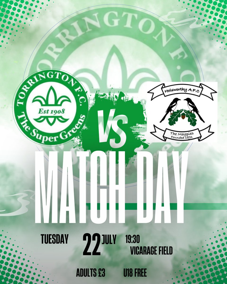 MATCH DAY

🆚 <a href="/Hafc125/">Holsworthy AFC</a> 
⏰ 19:30
🏆 Pre-Season Friendly
📍 Vicarage Fields, EX38 7AJ
💵 £3 Adult FREE U18

#SuperGreens

Refreshments available