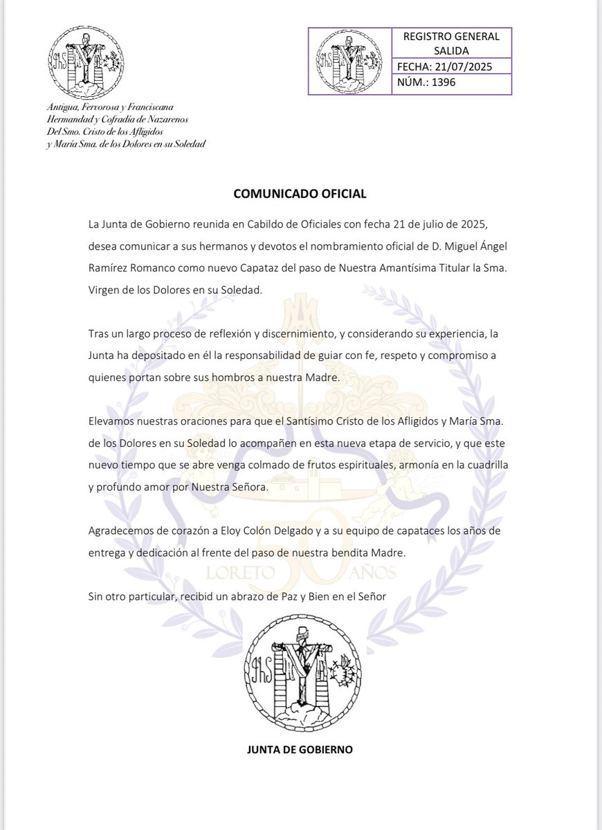 𝐂𝐎𝐌𝐔𝐍𝐈𝐂𝐀𝐃𝐎 𝐎𝐅𝐈𝐂𝐈𝐀𝐋: Nombramiento del nuevo capataz de María Santísima de los Dolores en su Soledad.