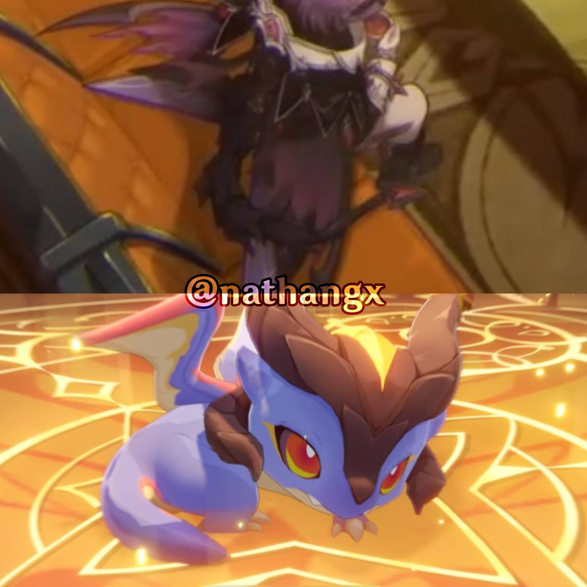 -&gt; Durin 🔥🦇
Podemos apreciar su cola (negra con punta roja en forma de flecha) y sus alitas :3
#GenshinImpact #Genshin