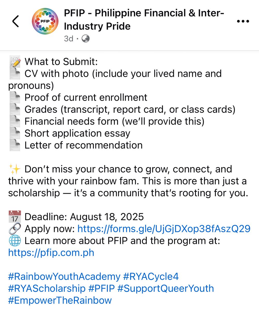 vincimendoza's tweet image. 🌈 Sharing this scholarship opportunity from @pfippride for LGBTQIA+ students in the Philippines. Feel free to share.
🔗 Apply now: forms.gle/UjGjDXop38fAsz…
🌐 Learn more about PFIP and the program at: pfip.com.ph