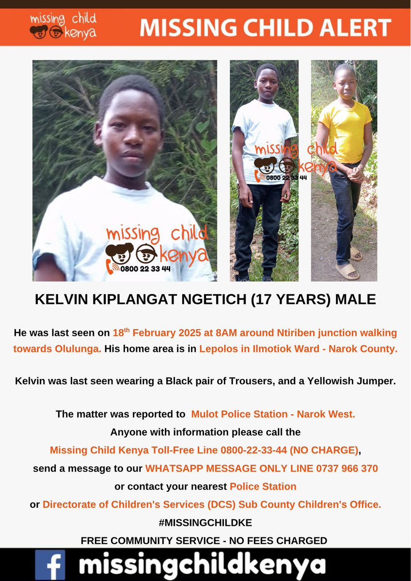 missingchild_ke's tweet image. KELVIN KIPLANGAT NGETICH (17 YEARS) MALE #MISSINGCHILDKE