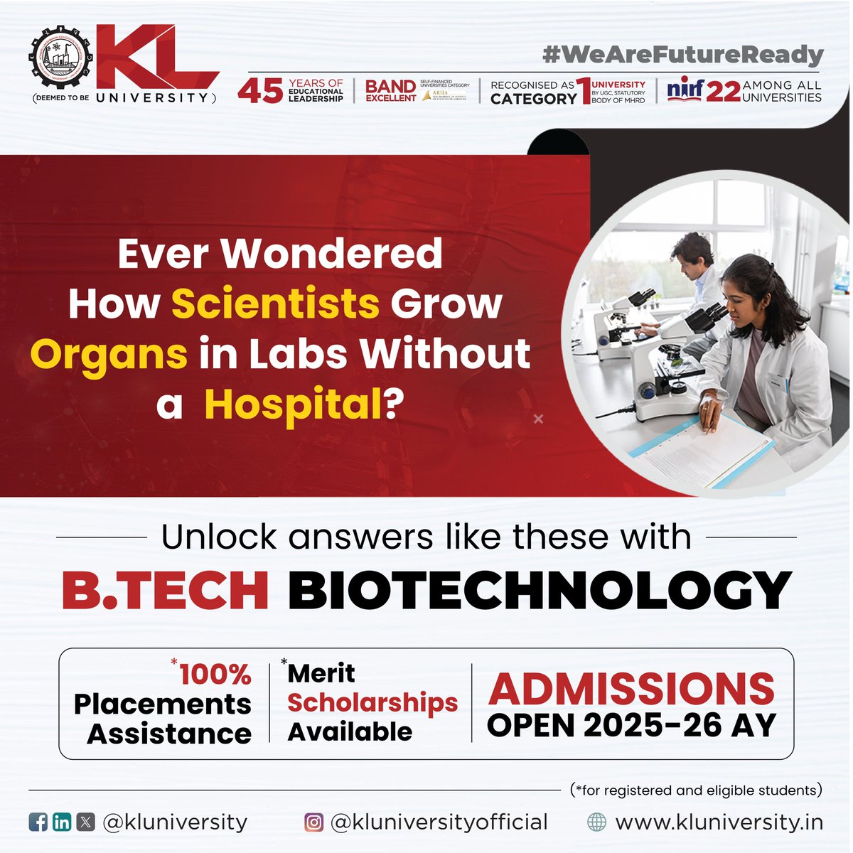 kluniversity's tweet image. Engineer a greener future! Our B.Tech Biotechnology program equips you with skills in bioenergy, sustainable agriculture, and eco-friendly innovation to build a healthier planet.

kluniversity.in/admissions-202…

#KLU #topuniversityinIndia #btechbiotechnology