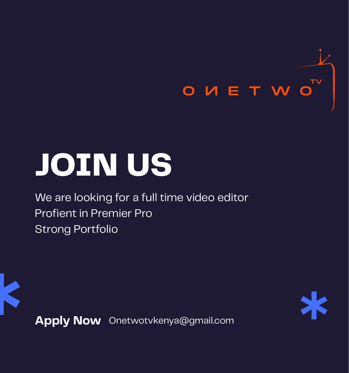 TvOnetwo's tweet image. We are in the market looking to sign a full time video editor. Send your application to the email. Here We Go.