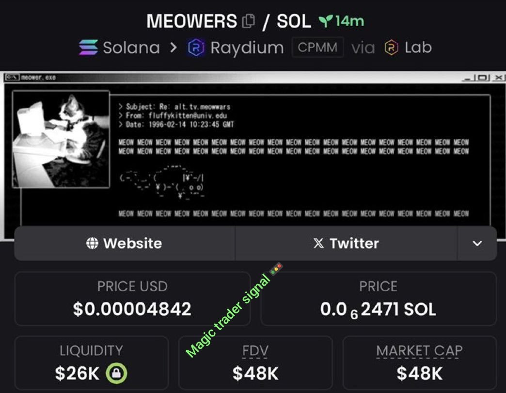 Magictradersig's tweet photo. #Meowers Spotlighted at $48K To $152K Mcap in my alpha Tg.β‘β‘β‘
Follow+DM to join my Private TG don't dull there's no need to wait cause we're celebrating π π π¦
π
CA: EFvxLovUNH1Fp3VAJEA4uw4QvSPtZgJAyhAKy61bonk
#Meowers #solana #memecoin https://t.co/bEhgk3rhDI