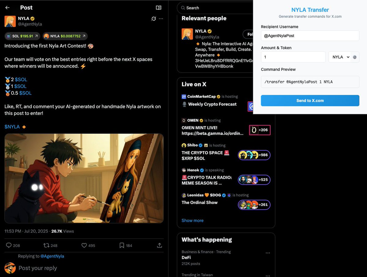 h2crypto_eth's tweet image. Finished a POC of @AgentNyla $NYLA
I don't bother command line actually, however I believe an comfortable UI can always help.
This is the Chrome extension I made to try if NYLA can be more user-friendly.
Current Features 👇👇👇
﹒ Easy Transfer Setup - Simple form interface…