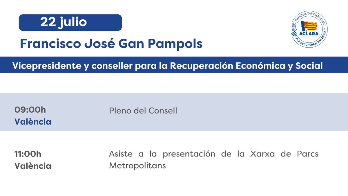 📆 Agenda del vicepresidente segundo y conseller para la Recuperación Económica y Social, Francisco José Gan Pampols, para hoy