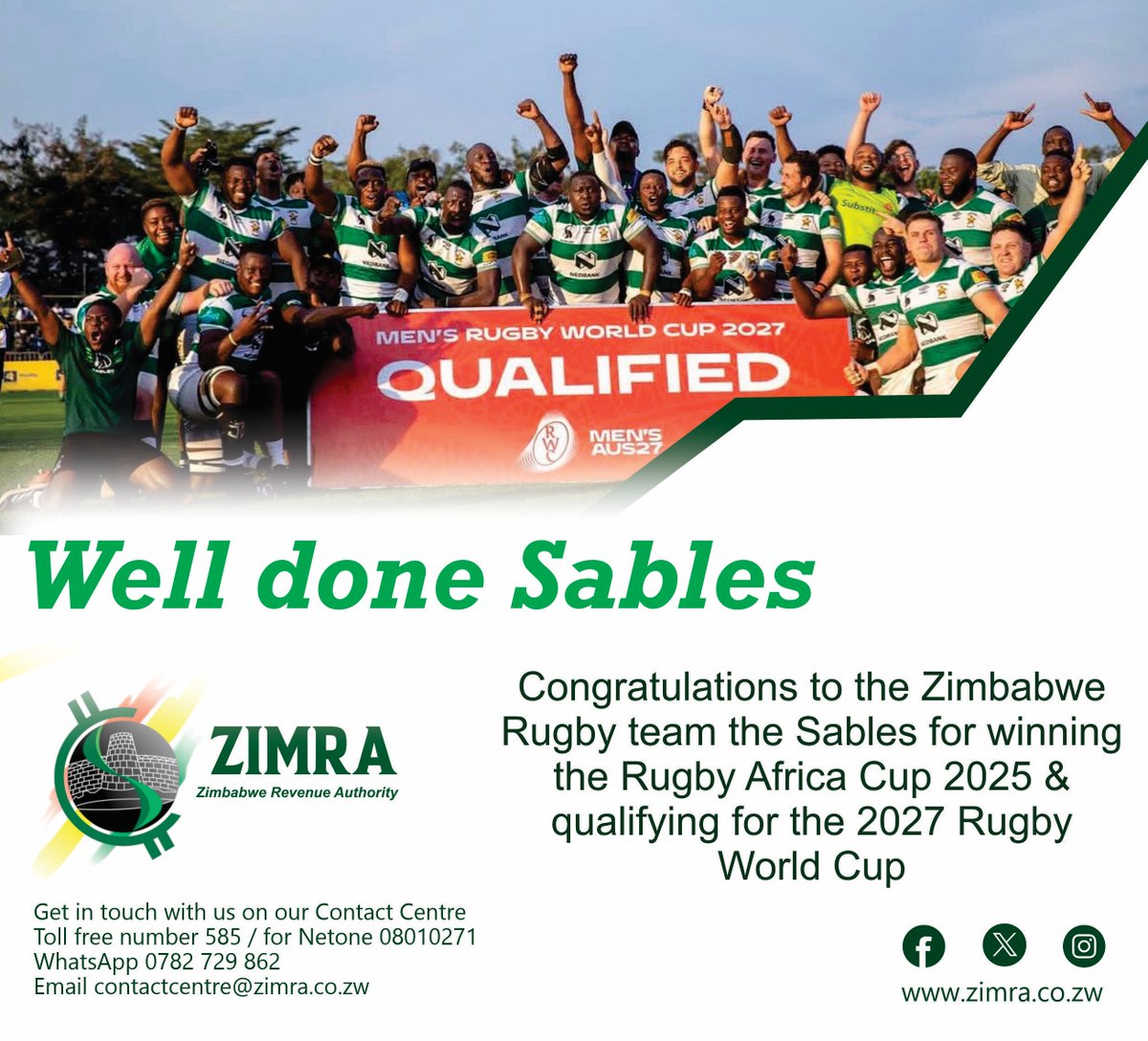 Congratulations to the Zimbabwe Rugby team the Sables for winning the Rugby Africa Cup 2025 &amp; qualifying for the 2027 Rugby World Cup  #RugbyWorldCup  #Sables #Rugby #ZIMRA