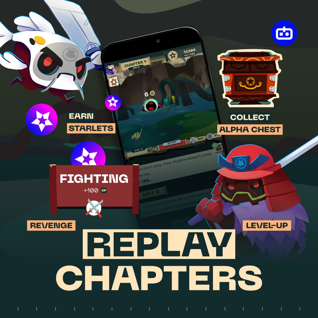 🐸 Replay chapters in Tadokami! 

It’s not just nostalgia - it’s strategy.

Here’s what you get:
🌟 Earn Starlets: Up to 500 per day
🧰 Collect Alpha Chests: Up to 5 free daily
⚔️ Gain XP: Power up Lone Frog for tougher battles
😤 Get Revenge: Go back and smack the swamp outta
