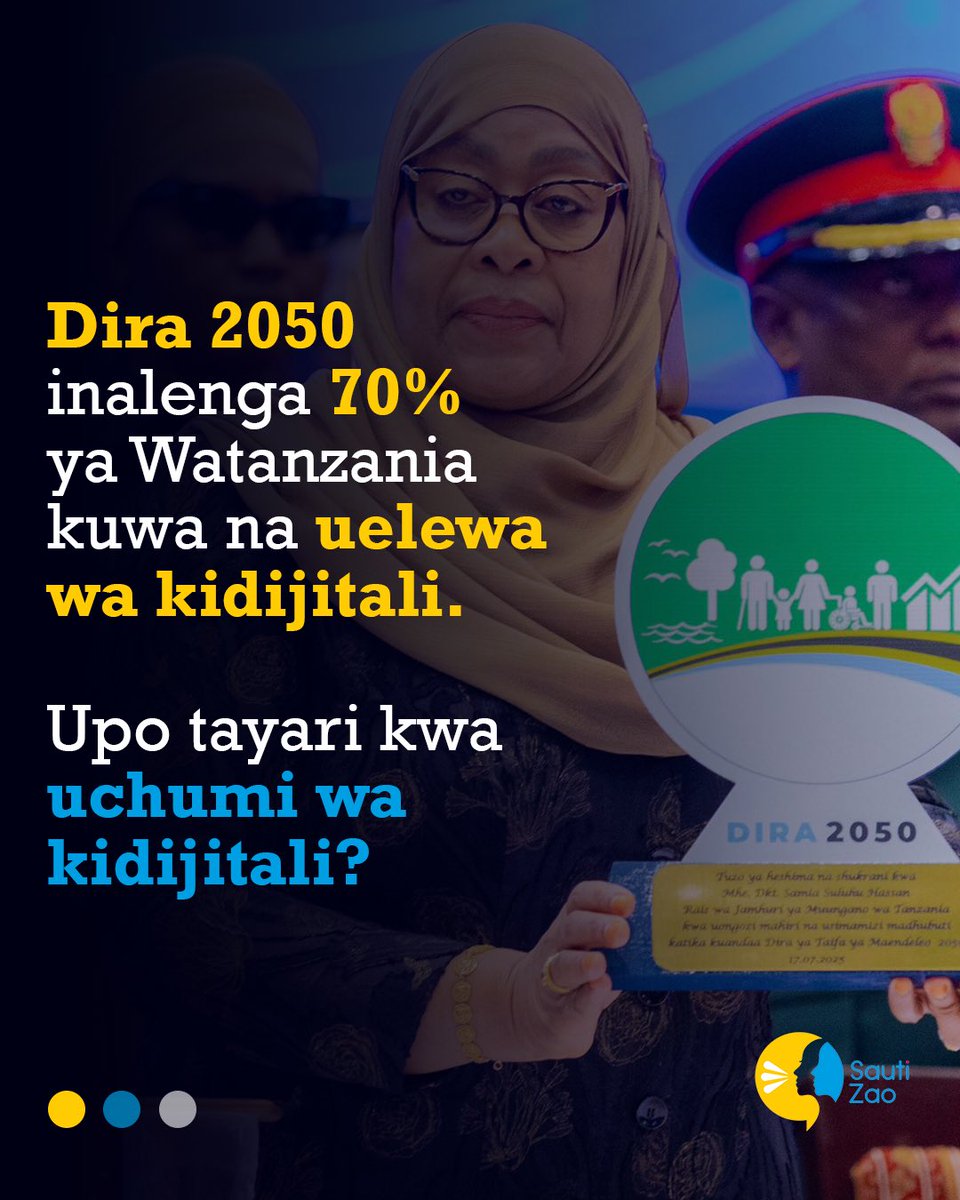 SAUTIZAO's tweet image. 🌐 Dira 2050 inalenga 70% ya Watanzania kuwa na uelewa wa kidijitali.
💡 Lakini hii ina maana gani kwa jamii zetu?
Uelewa wa kidijitali si tu kuhusu kutumia simu au kompyuta — ni kuhusu:
✅ Kupata taarifa kwa haraka na sahihi
✅ Kujifunza na kujiajiri kupitia mtandao
✅…