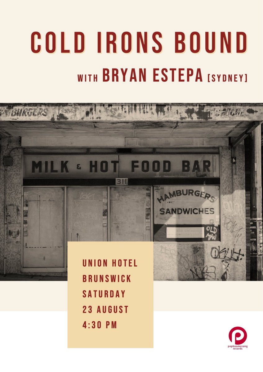 Bryan Estepa (@bryanestepa) on Twitter photo First launch show for my trip down to Melbourne will be with the guitar pop goodness of Cold Irons Bound at The Union Brunswick on Sat, Aug 23 (4:30pm). In Duo mode with my bud, Miko Savady. Good times ahead! #iseeitnow First launch show for my trip down to Melbourne will be with the guitar pop goodness of Cold Irons Bound at The Union Brunswick on Sat, Aug 23 (4:30pm). In Duo mode with my bud, Miko Savady. Good times ahead! #iseeitnow