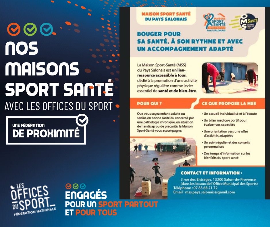 Nos Maisons Sport-Santé, ce sont des lieux de vie, de lien, de reprise en main.
Pilotées par les Offices du Sport, elles sont au plus près des habitants.
Pour bouger, respirer, revivre.
 Pour que le sport devienne un réflexe santé, pour tous, à tous les âges, tous les parcours.