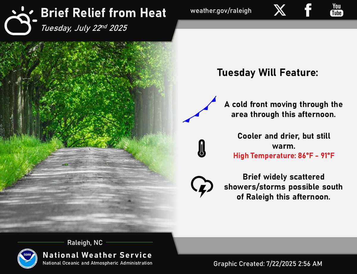 NWSRaleigh's tweet image. ⛅️Cooler and drier today, but still warm.
⚡️Widely scattered showers/storms possible south of Raleigh towards the NC/SC border this afternoon. #NCwx