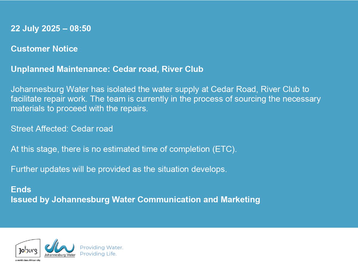 JHBWater's tweet photo. #JoburgUpdates
#UnplannedMaintenance: Cedar road, #RiverClub ^A https://t.co/UITNVC7Jzc