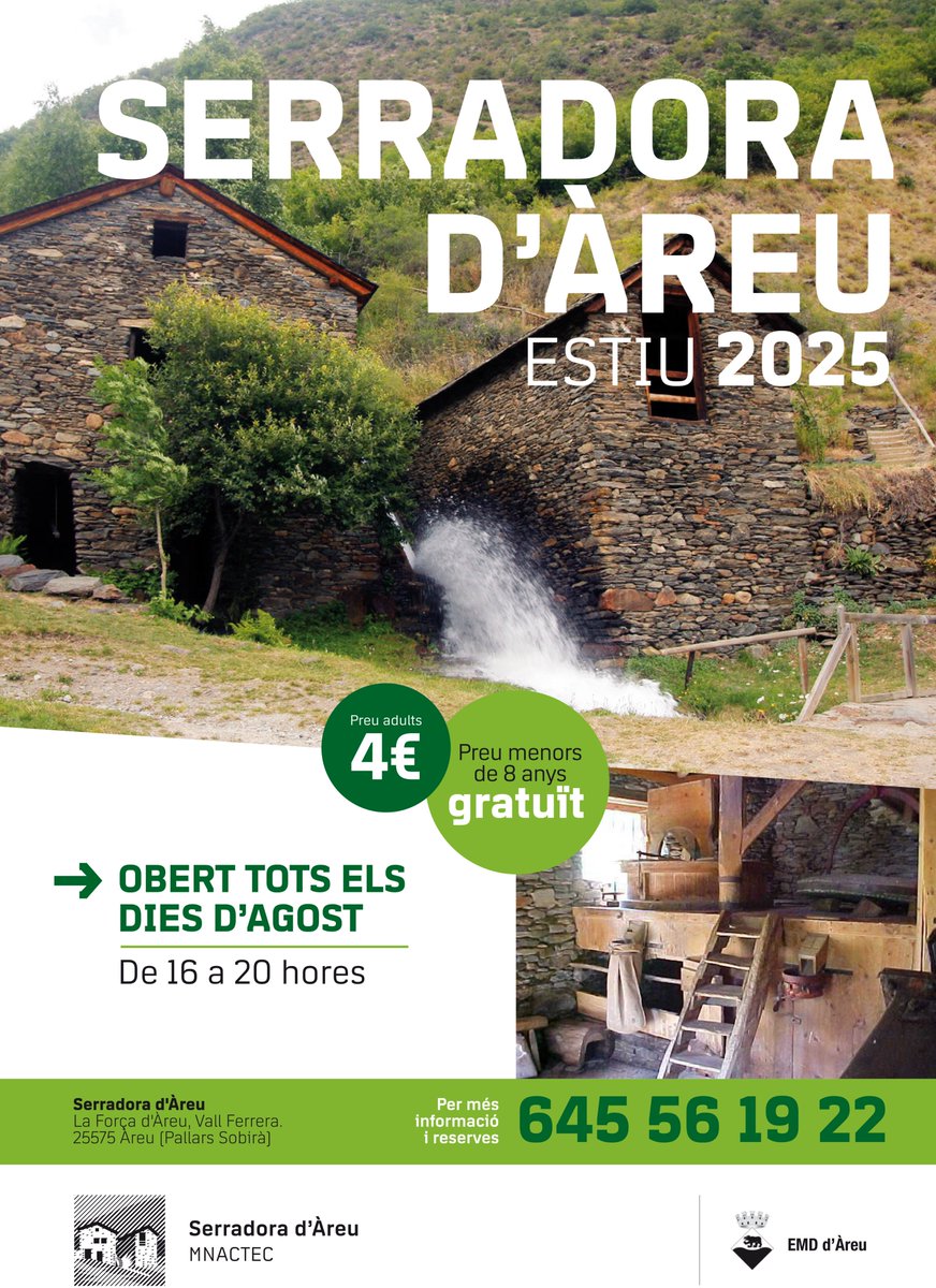 Museu Ciència Cat (@mnactec) on Twitter photo ☀️Si aquest estiu visites el Pallars...No t'oblidis de visitar la Serradora d'Àreu, que obre les portes el mes d'agost!
💧 La serradora, que va funcionar al llarg dels segles XIX i XX, permet observar com s’aprofitava l’energia hidràulica per a moldre el blat i serrar la fusta. ☀️Si aquest estiu visites el Pallars...No t'oblidis de visitar la Serradora d'Àreu, que obre les portes el mes d'agost!
💧 La serradora, que va funcionar al llarg dels segles XIX i XX, permet observar com s’aprofitava l’energia hidràulica per a moldre el blat i serrar la fusta.