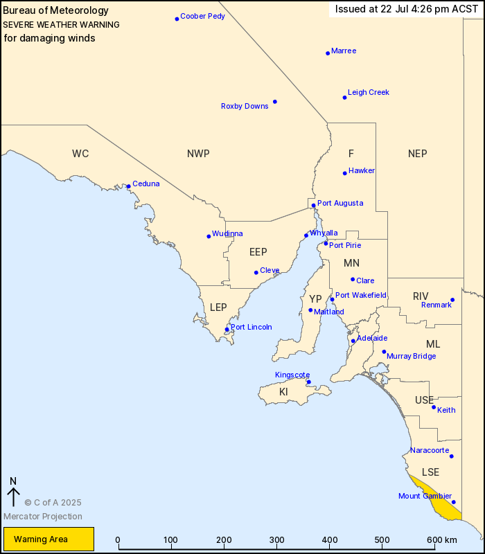 .<a href="/BOM_SA/">Bureau of Meteorology, South Australia</a> has updated a Severe Weather Warning ⚠️ for DAMAGING WINDS 💨 
Lower South East

Issued 4:26pm 22 July 2025
Warning: bom.gov.au/products/IDS21…