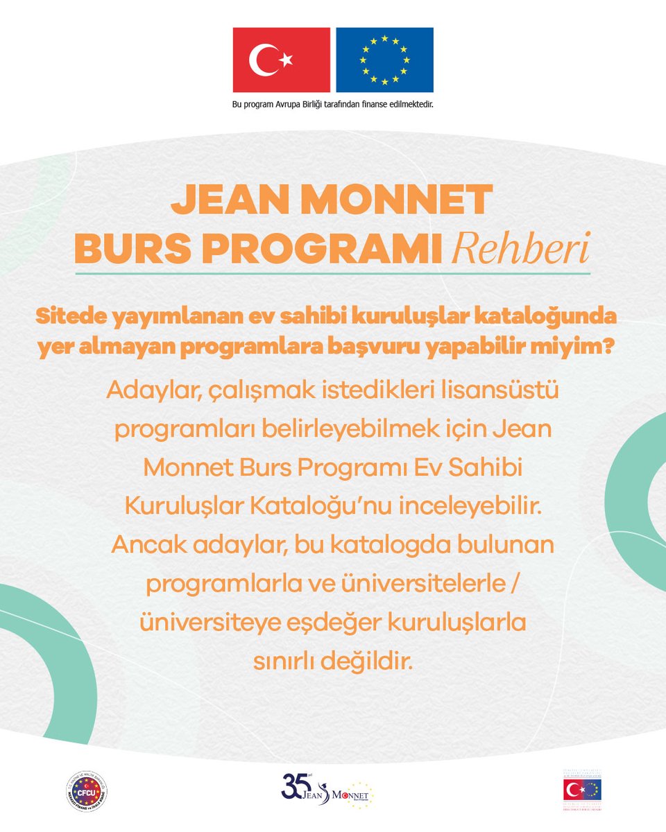 JEAN MONNET BURSU (@jeanmonnetbursu) on Twitter photo Sitede yayımlanan Ev Sahibi Kuruluşlar Kataloğunda yer almayan programlara başvuru yapabilir miyim?
Detaylı bilgi için profilimizdeki linkten sitemizi ziyaret edebilirsiniz.
#jeanmonnetbursu #jeanmonnet #jeanmonnetbursiyerleri #avrupabirliği
<a href="/ABBaskanligi/">T.C. Dışişleri Bakanlığı Avrupa Birliği Başkanlığı</a> <a href="/EUDelegationTur/">AB Türkiye Delegasyonu🇪🇺EU Delegation to Türkiye</a> Sitede yayımlanan Ev Sahibi Kuruluşlar Kataloğunda yer almayan programlara başvuru yapabilir miyim?
Detaylı bilgi için profilimizdeki linkten sitemizi ziyaret edebilirsiniz.
#jeanmonnetbursu #jeanmonnet #jeanmonnetbursiyerleri #avrupabirliği
<a href="/ABBaskanligi/">T.C. Dışişleri Bakanlığı Avrupa Birliği Başkanlığı</a> <a href="/EUDelegationTur/">AB Türkiye Delegasyonu🇪🇺EU Delegation to Türkiye</a>