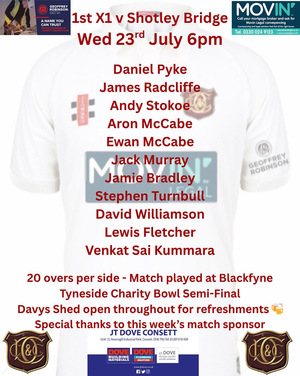 Consett Cricket Club π (@consettcc) on Twitter photo π Tyneside Charity Bowl Semi-Final π
1st X1 v <a href="/ShotleyCricket/">Shotley Bridge CC</a>
Blackfyne 6pm - 23/7/25
Please note if this is off for weather, it will be played Thursday 24th instead. The final being on Sunday 27th.
Come down and show your support π»ππ» π Tyneside Charity Bowl Semi-Final π
1st X1 v <a href="/ShotleyCricket/">Shotley Bridge CC</a>
Blackfyne 6pm - 23/7/25
Please note if this is off for weather, it will be played Thursday 24th instead. The final being on Sunday 27th.
Come down and show your support π»ππ»