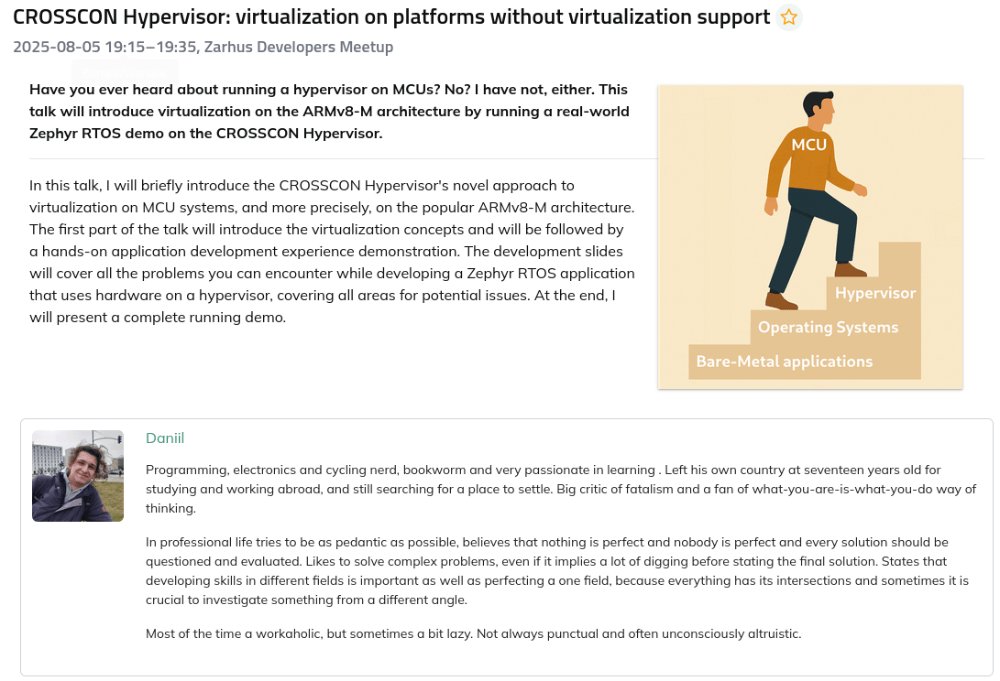 Zarhus_com's tweet image. In the next talk, Daniil will introduce virtualization on microcontroller-class ARMv8-M by running Zephyr RTOS VM on the @crosscon_eu hypervisor.
👉 events.dasharo.com/event/6/zarhus…