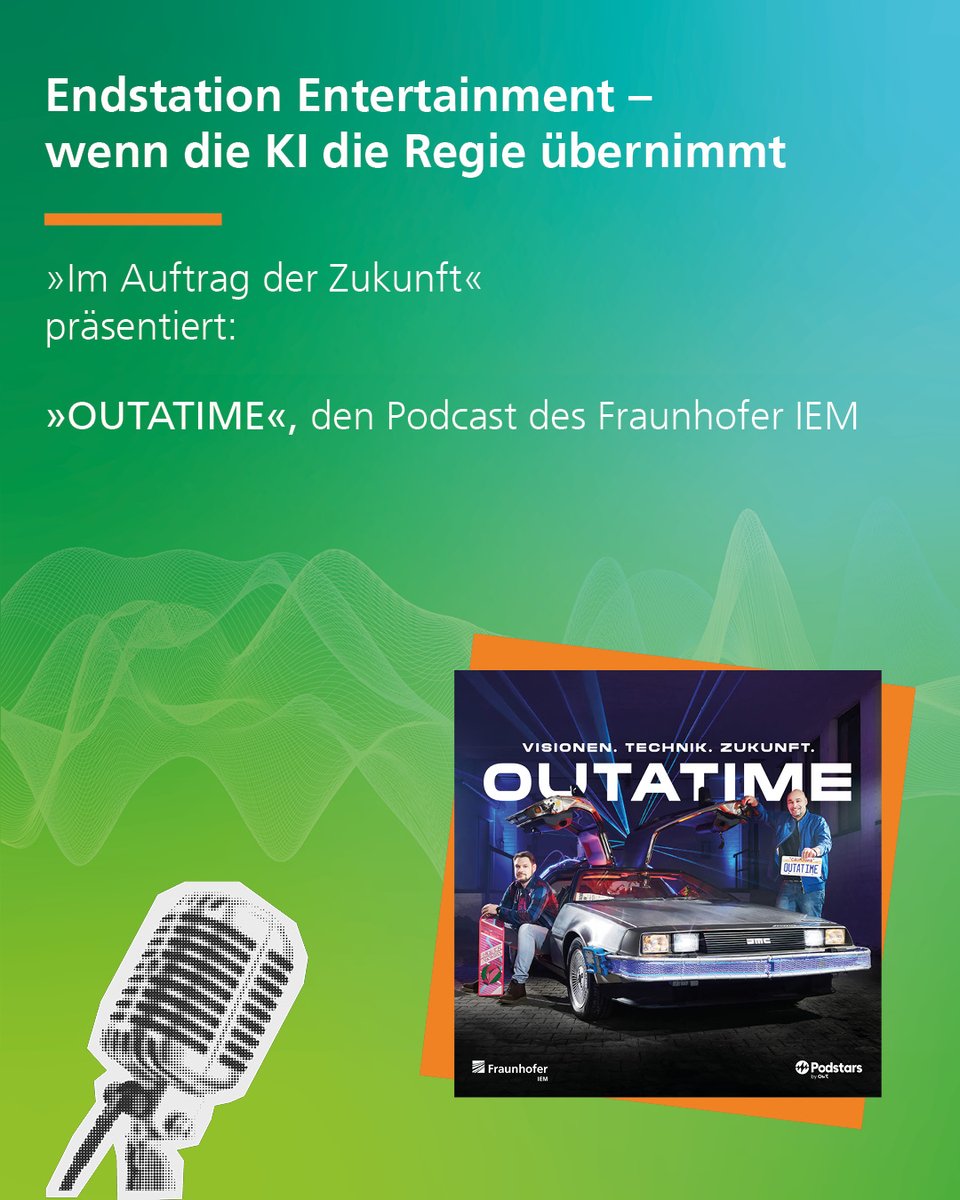 Fraunhofer's tweet image. Wie verändert sich die #Unterhaltungsindustrie, wenn die #KI die Regie übernimmt? Darüber sprechen Prof. Roman Dumitrescu und Tommy Falkowski vom Fraunhofer IEM in dieser Folge des Podcasts »OUTATIME«: outatime.podigee.io/11-endstation-…