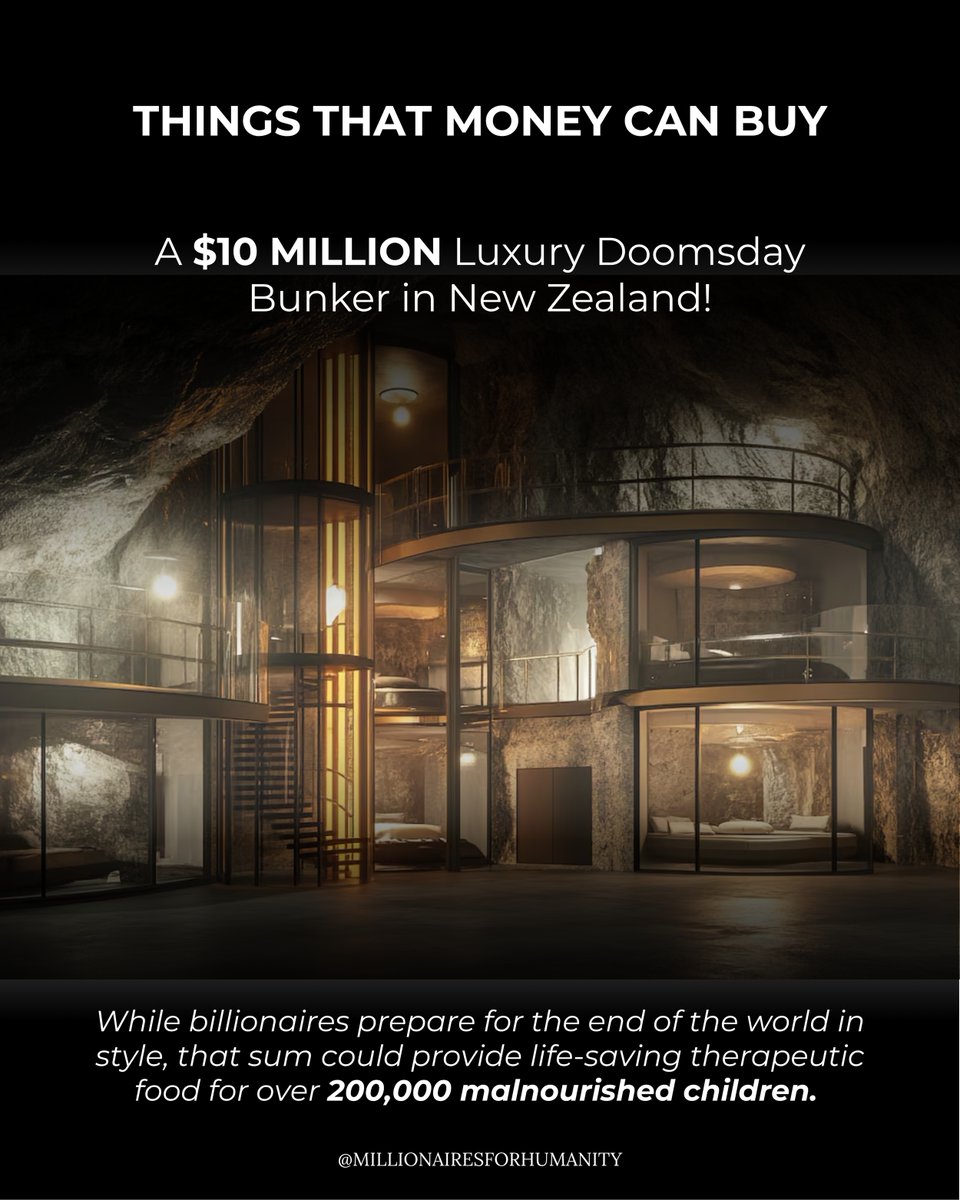 Mills4Humanity's tweet image. The super-rich are spending millions on luxury doomsday bunkers.
Maybe if they paid their fair share in taxes to fix society, they wouldn't feel the need to hide from it.
Just a thought. #TaxTheRich #WealthTax