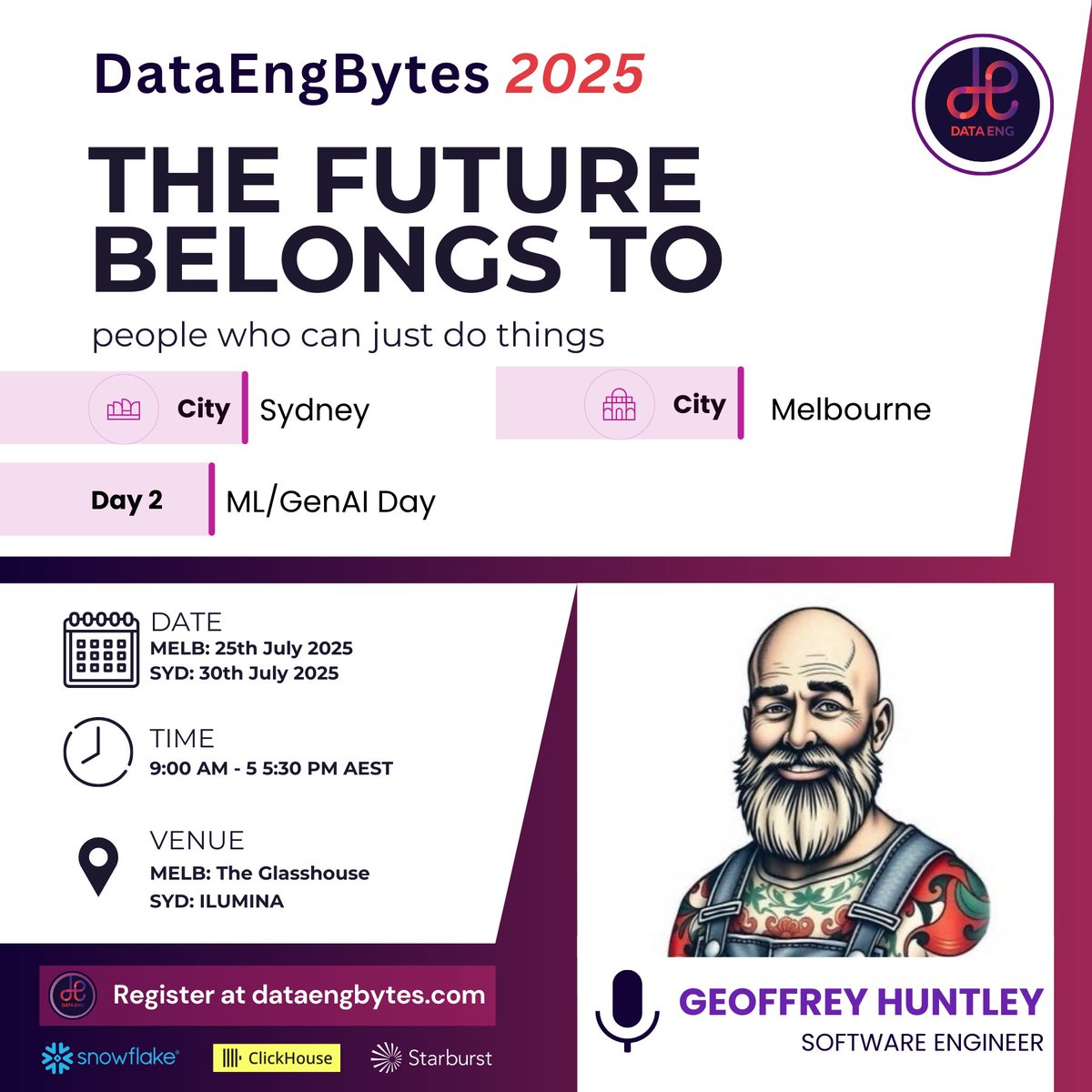 And here it is,  the final round of sessions for Track1 and our closing panel discussion for Day 2 at DataEngBytes Melbourne. Let’s wrap things up with sharp insights, big ideas, and some great conversations.

dataengbytes.com/melbourne