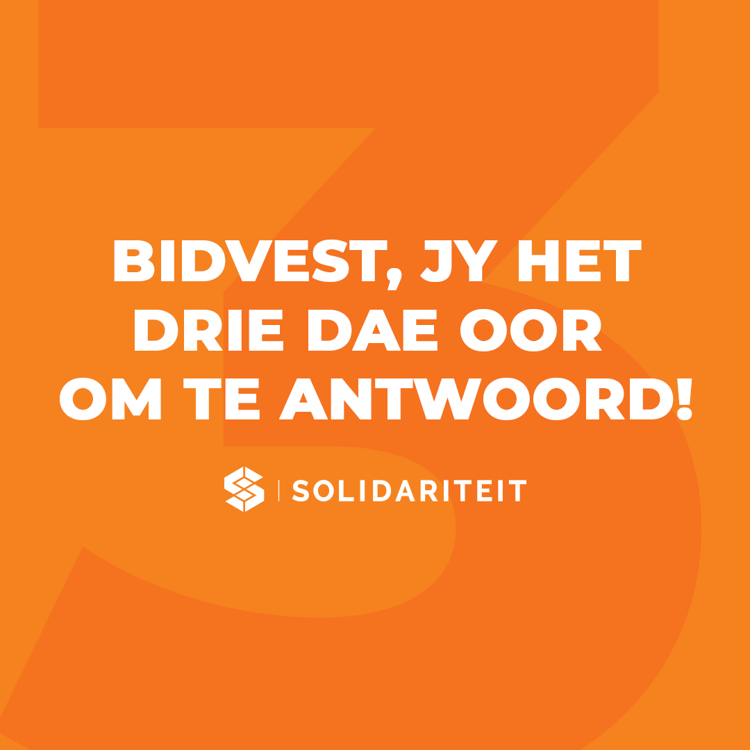solidariteit's tweet image. Solidariteit staan vas. Ras mag nooit belangriker as meriete wees nie.
Daarom het Solidariteit nie net ʼn brief gestuur nie, maar ook die eerste formele stappe teen Bidvest se onregverdige beleid geneem.
Kyk die podsending vir meer inligting oor die Bidvest-saga:…