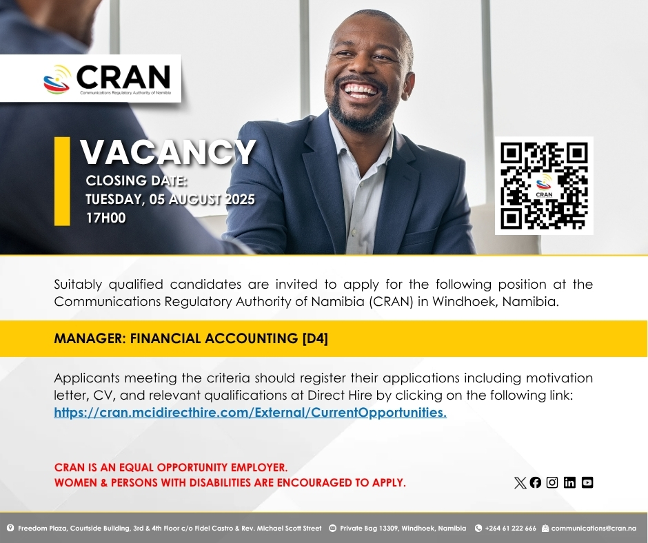 💼 Exciting Career Opportunity at CRAN!

We are seeking a qualified Manager: Financial Accounting [D4] to join our dynamic team in Windhoek. This is your chance to contribute to Namibia's telecommunications regulatory landscape whilst advancing your career in financial