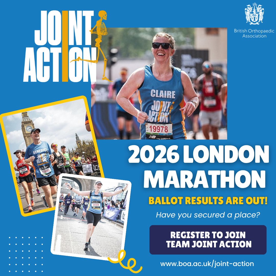 BritOrthopaedic's tweet image. Entered the 2026 #LondonMarathon ballot? Results are out!
If you got a place, why not run with #TeamJointAction and help fund life-changing research into MSK conditions. 
Make every mile matter! Register your interest by emailing the Joint Action Team at jointaction@boa.ac.uk…