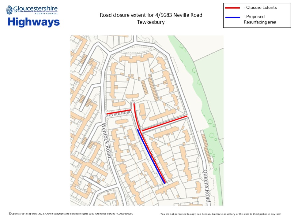 Neville Road #Tewkesbury. Carriageway resurfacing. Works happening  24th July for one day (Excl W/Ends). A road closure will be in place 09:30 to 15:30 orlo.uk/Smm55