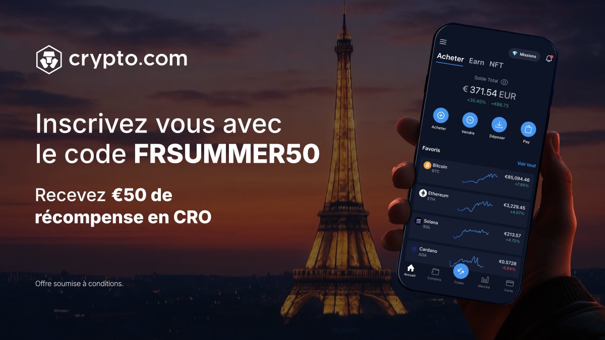 France residents, we have a special sign-up offer for you! Instantly earn  €50 in $CRO by: 1. Signing up to https://t.co/vCNztATkNg with the code  FRSUMMER50 2. Buying €100 worth of any coin