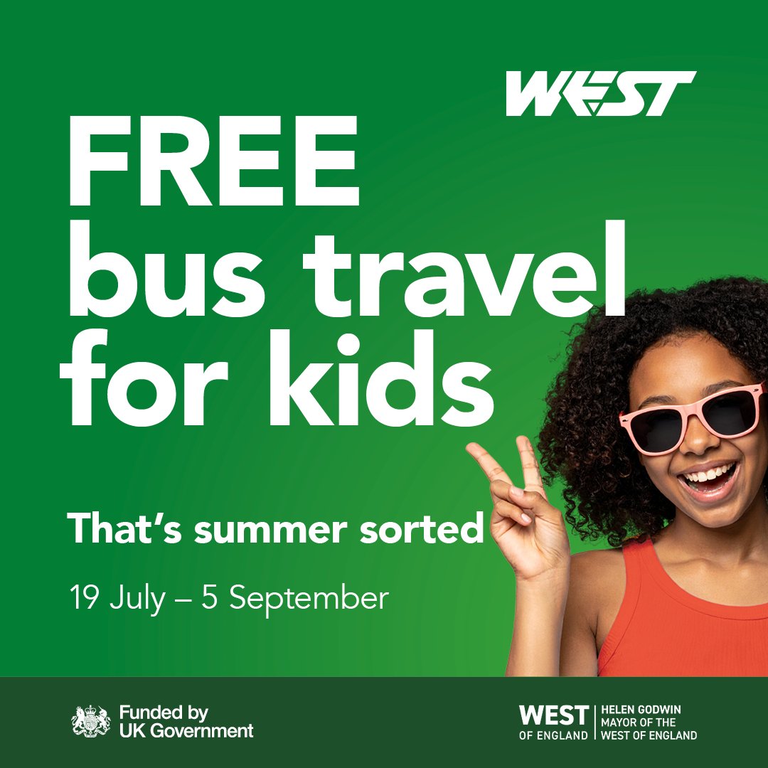 BristolCouncil's tweet image. ☀️ School’s out for summer!
Don't forget, kids travel for free on buses across the West of England until 5 September!
🔗 Find out more at: orlo.uk/ApeFm
#KidsGoFree #SummerHolidays #WestOfEngland